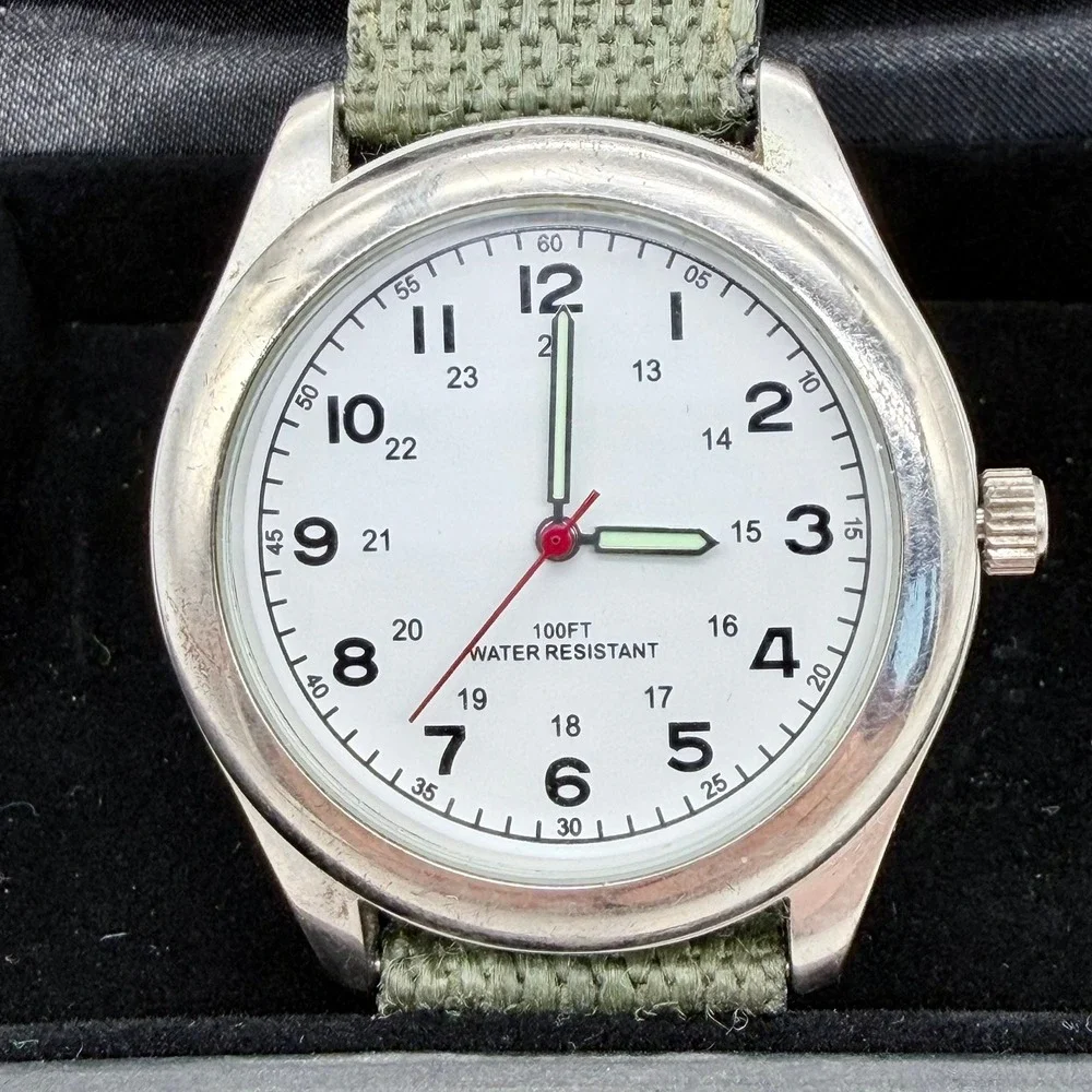FMD FMDPU005 Mens Japan Quartz Stainless Steel Green Nylon Field Watch 100FT WR